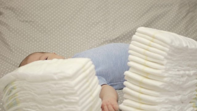 Stack of baby disposable diapers.