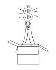 dollar symbol rocket coming out of the box