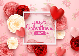 Valentines day greeting card with square frame and flowers background