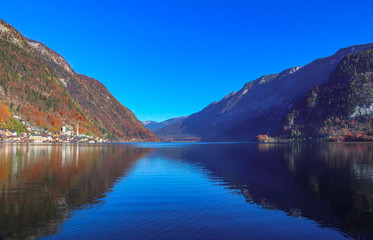 Beautiful Austrian landscape with blue sky, mountains and Hallstatt lake
