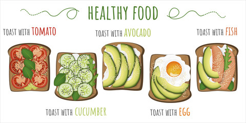 Healthy food. Toasts with avocado, tomato, fried egg, cucumber and fish. Vector illustration isolated on white background