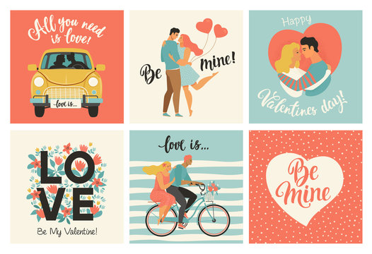 Collection of designs with cute loving couples. Valentines day card and other flyer templates with lettering. Typography poster, card, label, banner design set. Vector illustration.
