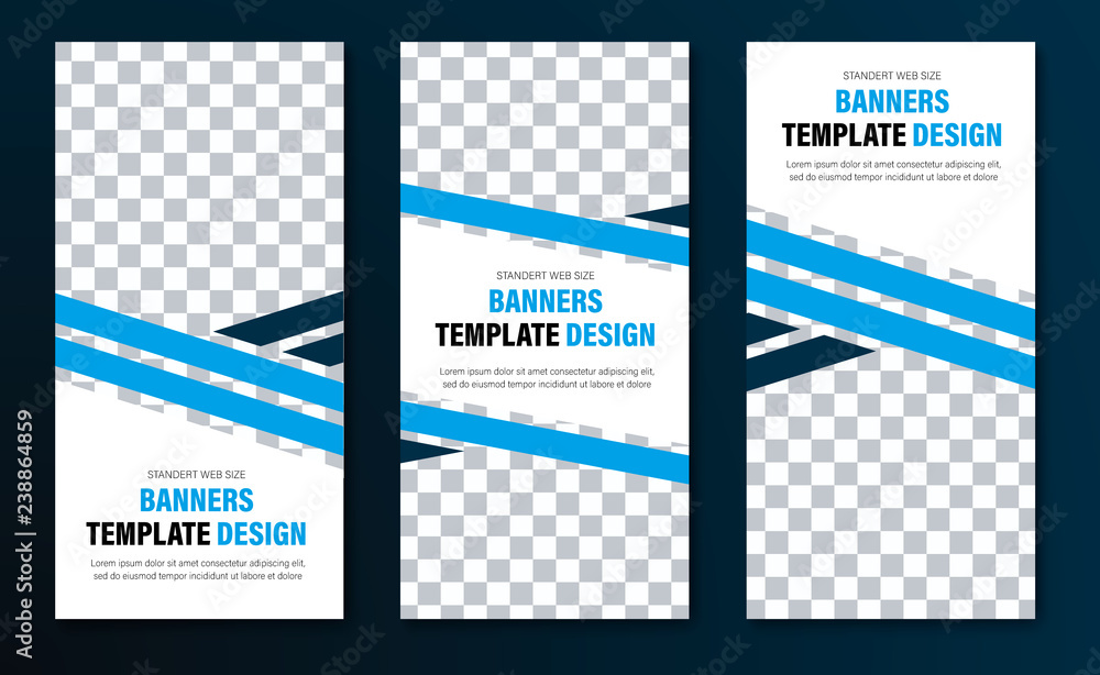 Poster Templates for vertical web banners with blue diagonal intersecting lines and space for a photo