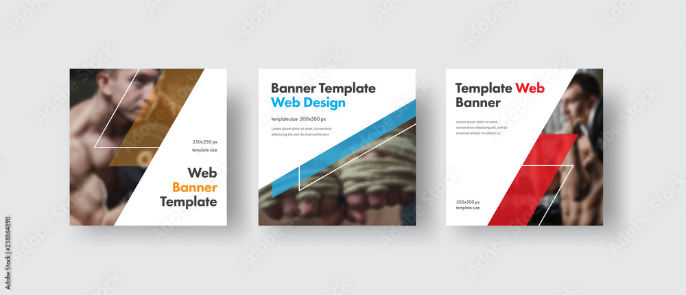 Poster design white square web banners for social media with place for photo, diagonal transparent color el