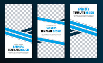 Templates for vertical web banners with blue diagonal intersecting lines and space for a photo