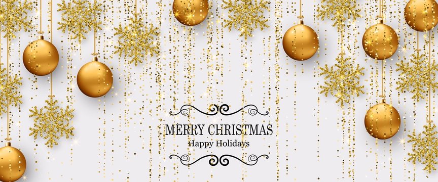 Merry Christmas background with shiny snowflakes, golden balls and gold colored tinsel and streamer. Greeting card and Xmas template
