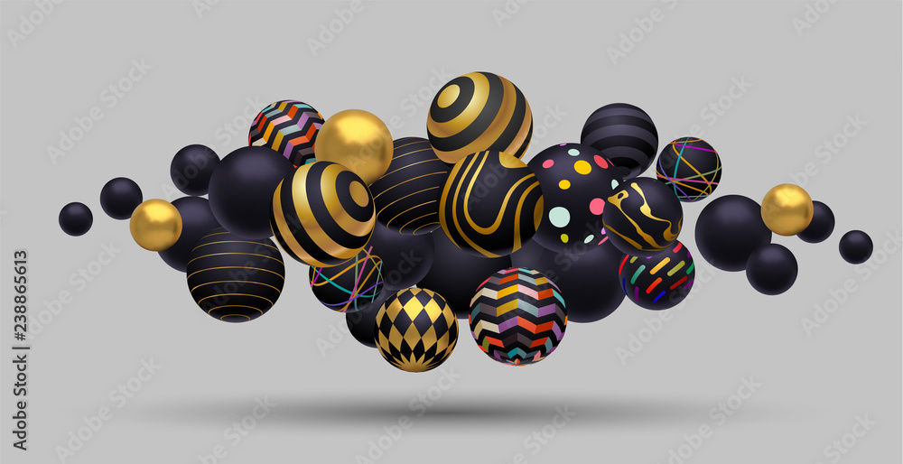 Poster abstract composition of floating spheres. gold, black and multicolored. 3d eps10 vector