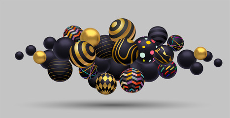 Abstract composition of floating spheres. Gold, black and multicolored. 3D eps10 vector