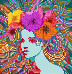 Psychedelic portrait of a hippie woman with colorful hair, flowers and butterflies.  Eps 10 vector