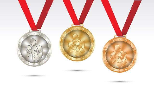 boxing Champion Gold, Silver and Bronze Medal set with Red Ribbon  Vector Illustration
