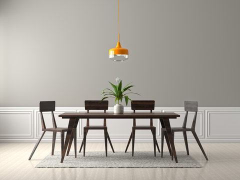 Spacious dining room with wooden table and chairs. 3D illustration.