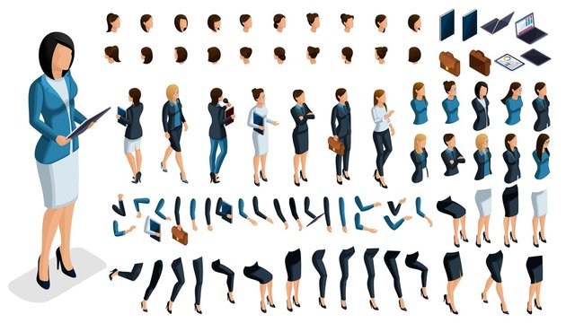 Large isometric Set of gestures of hands and feet of a woman 3d business lady. Create your own isometric character for an office worker for vector illustrations