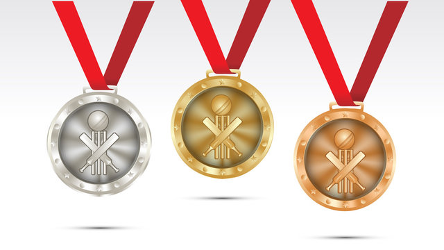 cricket Champion Gold, Silver and Bronze Medal set with Red Ribbon  Vector Illustration