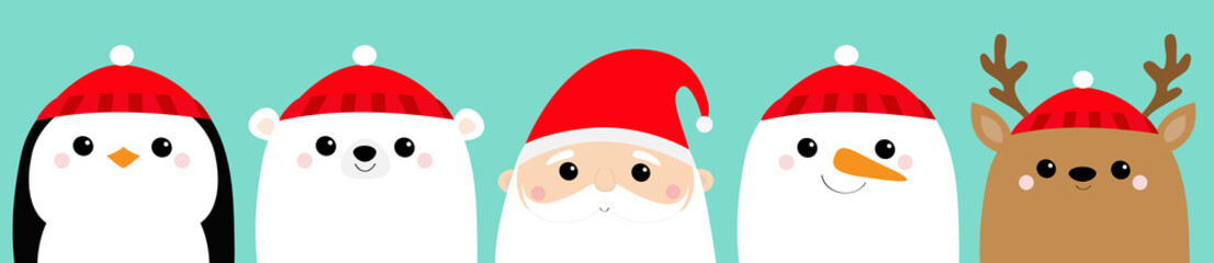 Santa Claus White polar bear Snowman Raindeer Deer Penguin bird face icon set. Merry Christmas. New Year. Cute cartoon funny kawaii baby character. Greeting card. Flat design Blue background.