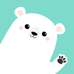 Big white polar bear waving hand paw print. Cute cartoon funny kawaii baby character. Merry Christmas Greeting Card. Flat design. Blue background. Greeting card.