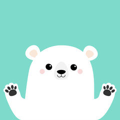Obraz premium White polar bear holding hands paw print. Cute cartoon funny kawaii baby character. Merry Christmas Greeting Card. Flat design. Blue background. Greeting card.