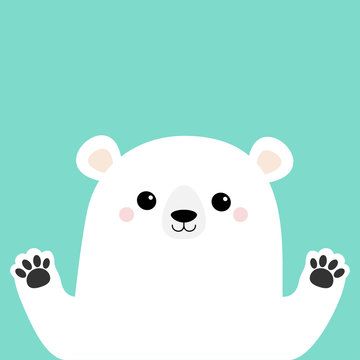 White Polar Bear Holding Hands Paw Print. Cute Cartoon Funny Kawaii Baby Character. Merry Christmas Greeting Card. Flat Design. Blue Background. Greeting Card.