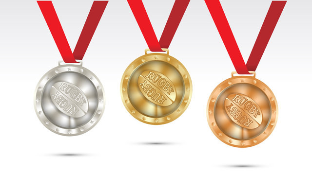 rugby ball Champion Gold, Silver and Bronze Medals set with Red Ribbon  Vector Illustration