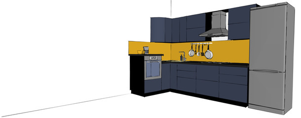 3d illustration of modern kitchen on a long white background. Web-design template.
