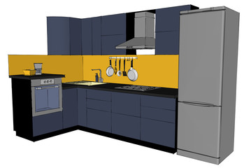 Blue kitchen interior 3d illustration with sketchy lines isolated.
