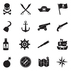 Pirate Icons. Black Flat Design. Vector Illustration.