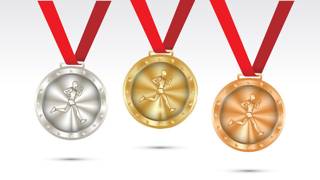 running Champion Gold, Silver and Bronze Medal set with Red Ribbon  Vector Illustration
