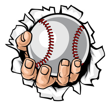 A strong hand holding a baseball ball tearing through the background. Sports graphic