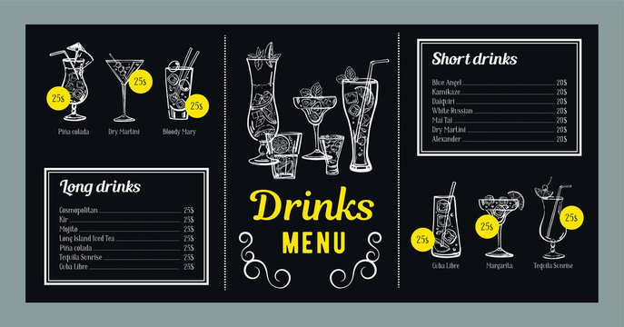Cocktail menu design template with list of drinks and graphics with cocktails. Vector outline hand drawn illustration with blackboard background
