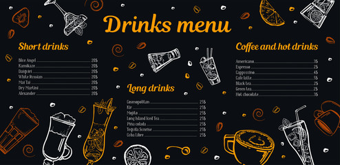Cocktails, coffee and hot drinks menu design template with list of drinks and images. Vector outline sketch hand drawn illustration with blackboard background for bar, cafe, and restaurant