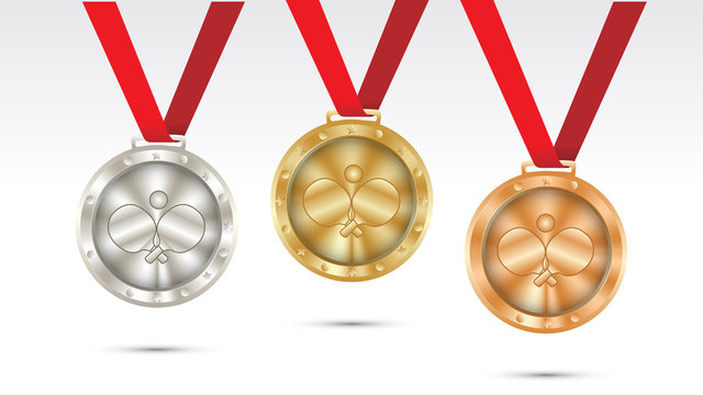 table tennis Champion Gold, Silver and Bronze Medal set with Red Ribbon  Vector Illustration