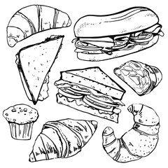 Sandwiches, pastries and croissants. Hand drawn outline sketch vector set isolated on white background