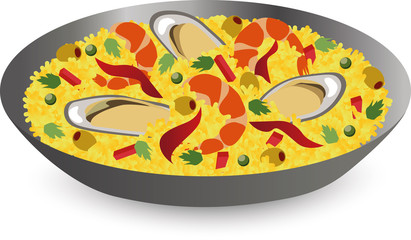 Paella with seafood: shrimps, oysters in pan. Traditional Spanish dish. Flat vector illustration for promo flyer or menu.