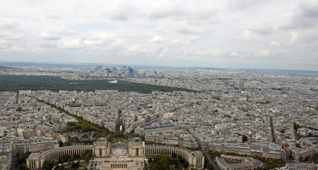 Paris, France - August 21, 2018: Panoramic view from Eiffel Tower with Trocadero Palace and Defense and more buildings in background