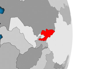 Kyrgyzstan on simple political 3D globe.