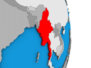 Myanmar on simple political 3D globe.