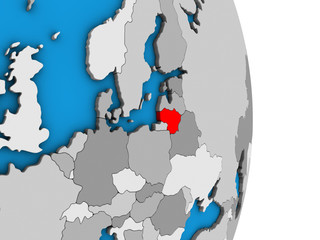 Lithuania on simple political 3D globe.