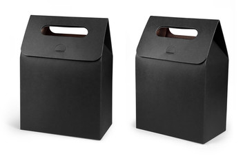 Black Cardboard Carry Box Bag Packaging With Handles For Food, Gift Or Other Products.