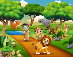 Cartoon of two boy explorer with animals in the jungle