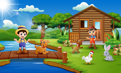 Young farmers activities with animals in the park