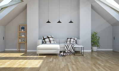3d rendering living room on attic - obrazy, fototapety, plakaty