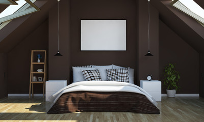 attic bedroom with poster mockup - obrazy, fototapety, plakaty