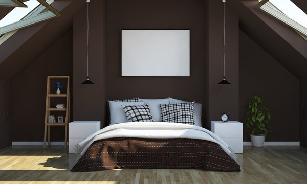 attic bedroom with poster mockup