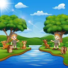 Obraz na płótnie Canvas Cartoon of Zookeeper boy and girl with animal by the river