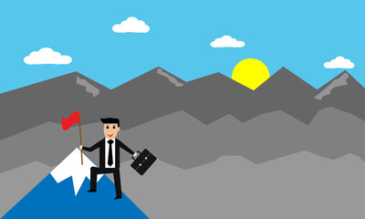 Businessman with red flag on a peak of Mountain,success target and mission,business concept