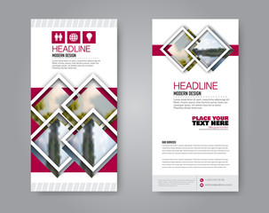 Narrow flyer and leaflet design. Set of two side brochure templates. Vertical banners. Pink colors. Vector illustration mockup.