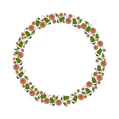 New year and Christmas vector circle frame with pin tree and orange