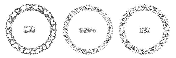 Hand drawn vector line endless border set with hearts. Doodle style decorative round frames f. Isolated on white background