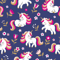 Hand drawn seamless vector pattern with cute baby unicorns and flowers on dark blue background. Perfect for fabric, wrapping paper or nursery decor.