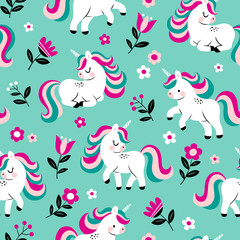 Hand drawn seamless vector pattern with cute baby unicorns and flowers on light blue background. Perfect for fabric, wrapping paper or nursery decor.