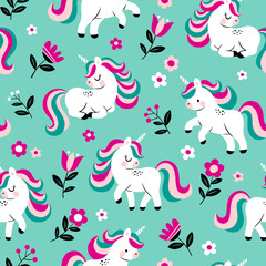 Hand drawn seamless vector pattern with cute baby unicorns and flowers on light blue background. Perfect for fabric, wrapping paper or nursery decor. © MirabellePrint